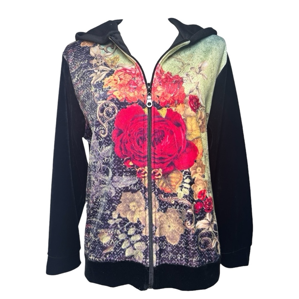 Coldwater Creek Black Velvet Hoodie – Vintage Floral Print – Medium – Zip-Up‎